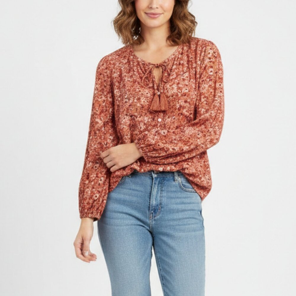 Wonderly size XL‎ Floral Tie Front Long Sleeve Cottagecore Soft Button Down